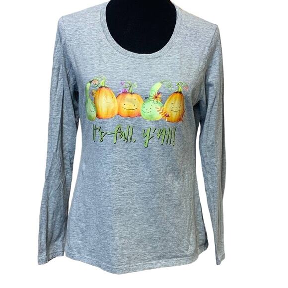 Hand Printed Upcycled Medium It's Fall Y'All Pumpkin Gourd Long Sleeve Tee - Picture 1 of 3